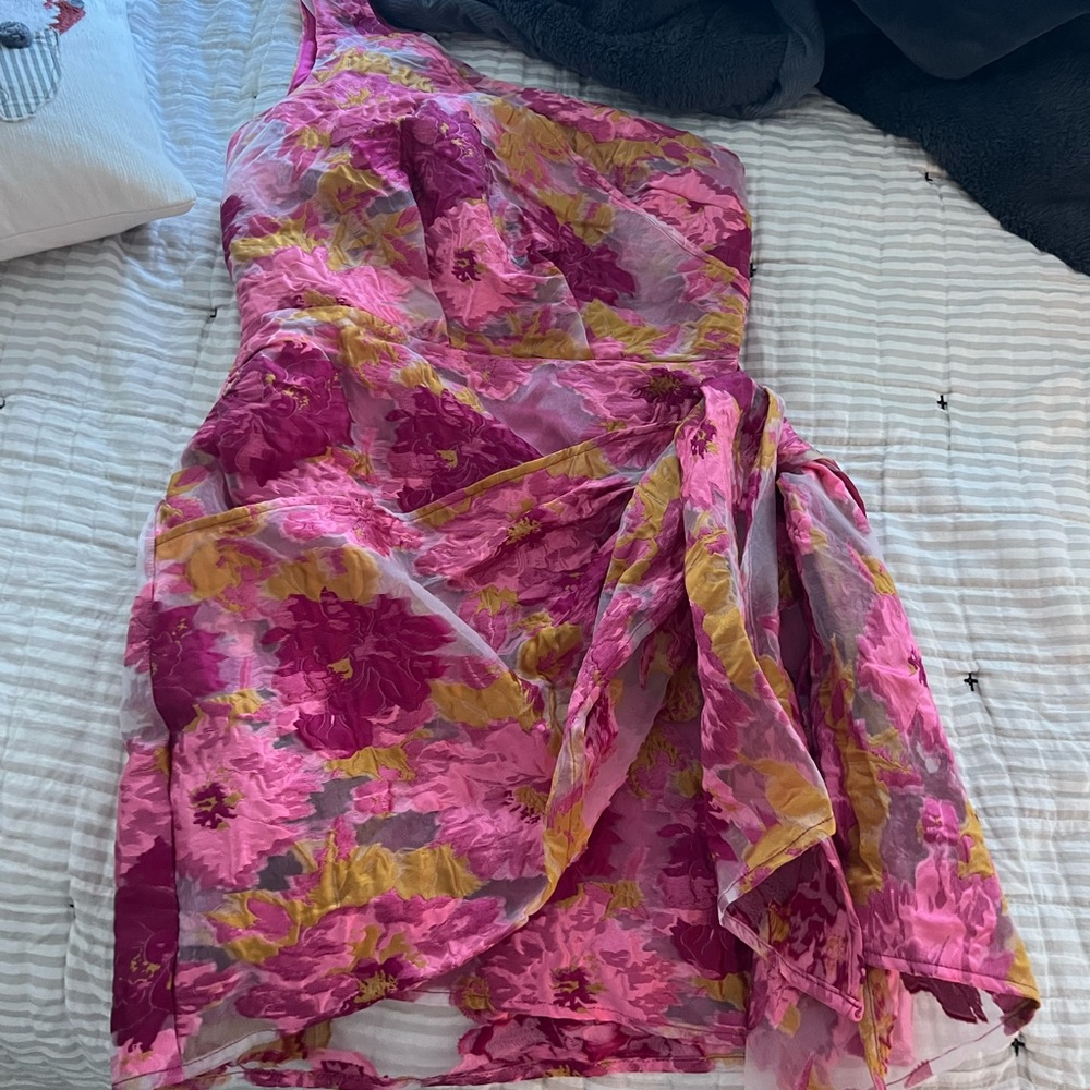 Showpo BRAILEY MINI DRESS - ONE SHOULDER WRAP FRONT IN PINK JACQUARD